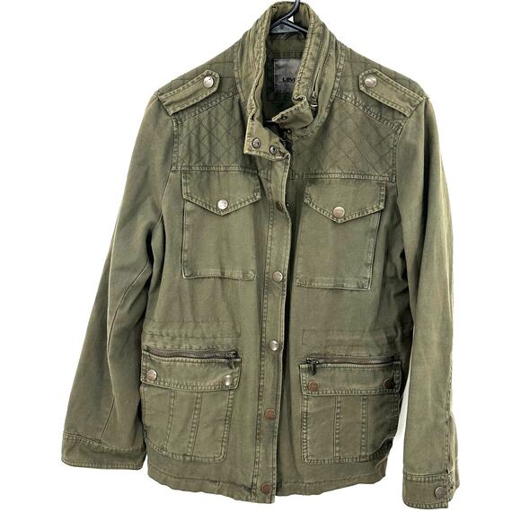 Levi's Size Large Jacket Green Zip & Snap Denim Jean‎ Military Cargo Pockets - Picture 1 of 8